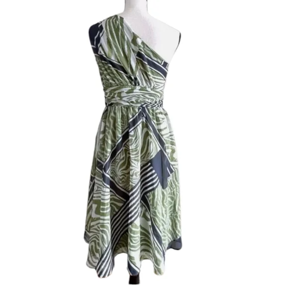 BANANA REPUBLIC FACTORY One-Shoulder Draped Green Patterned Dress - Picture 3 of 13